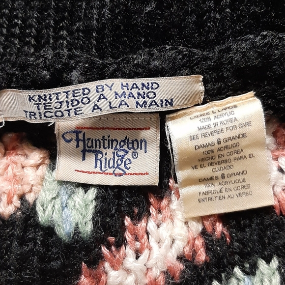 Vintage Huntington Ridge Open Hand Knit Sweater Size Large Black Floral Korea - Picture 6 of 6